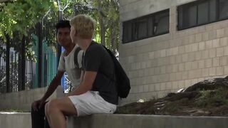 Young Latino sprays cum while riding big bare cock