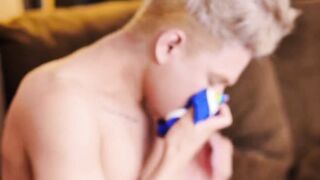 Platinum haired young guy Daniel Hausser masturbating solo