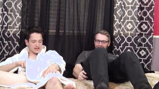 Two buddies with saggy balls masturbate together and cum