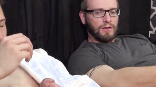 Two buddies with saggy balls masturbate together and cum