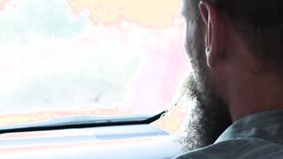 Bearded stepdad bare fucks his cute stepson on the backseat
