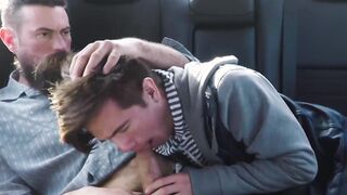 Bearded stepdad bare fucks his cute stepson on the backseat