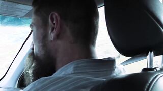 Bearded stepdad bare fucks his cute stepson on the backseat