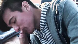 Bearded stepdad bare fucks his cute stepson on the backseat