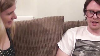 Busty UK hottie sensually sucking nerds swollen cock