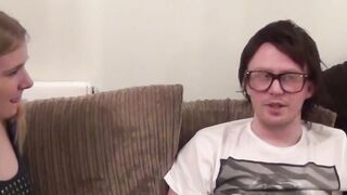 Busty UK hottie sensually sucking nerds swollen cock
