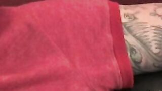 Tattooed mature gay jerks off big dick and unloads hot cum