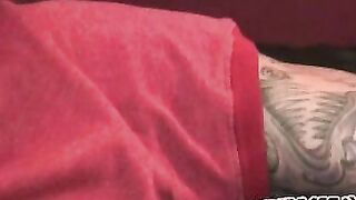 Tattooed mature gay jerks off big dick and unloads hot cum