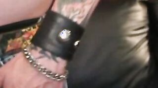 Tattooed mature gay jerks off big dick and unloads hot cum