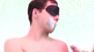 Handcuffed and blindfolded slave gives amazing handjob