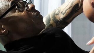 Blonde inked TS Nadia Love riding BBC after sensual blowjob