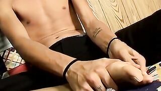 Muscular jock touching his toes and masturbating intensely