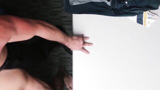 Tight twink jerks off while his tight ass is pounded by stud