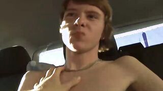 Cute amateur twink Lewis sucking a huge cock on a back seat