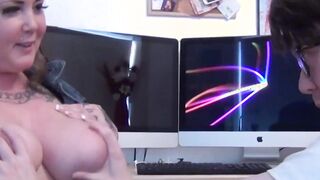 Chubby cutie puts nerds cock between her massive tits