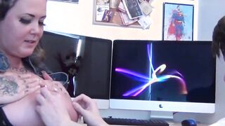 Chubby cutie puts nerds cock between her massive tits