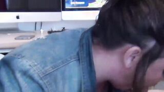 Chubby cutie puts nerds cock between her massive tits