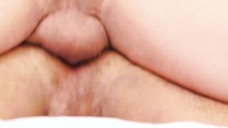 Hairy bear with big belly bounces on thick prick like a pro