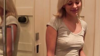 Barely legal blonde slobbers on hard cock before riding it