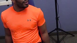 Two dudes take things to the bathroom after gym session