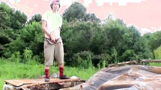 Skinny straight guy Sean Johansen solo masturbates outdoors