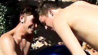 Cute homos in wet undies have anal threesome by the pool