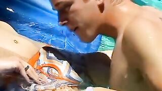 Cute homos in wet undies have anal threesome by the pool