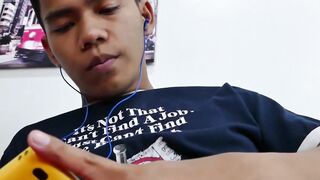Skinny Asian twink teases with his feet and masturbates solo