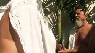 Daddy Caesar bare banging tight slave ass by the poolside