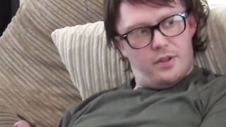 Lass with nice perky tits sucks off nerd and moans quietly