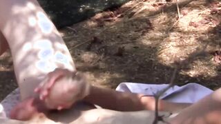 Guy takes a fleshlight outside and plays with his nuts too
