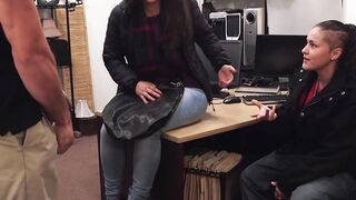 Big tits girl with glasses blows cock in pawnshop office
