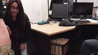 Big tits girl with glasses blows cock in pawnshop office