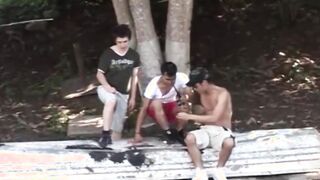 Two Latinos and a white guy fuck in bareback threesome