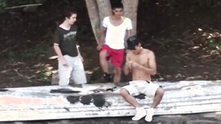 Two Latinos and a white guy fuck in bareback threesome