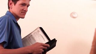 Young man has his balls swinging while giving blowjob
