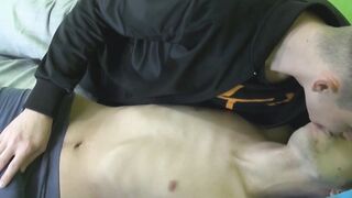 Young guy jerks off hard uncut dick and rides it really hard