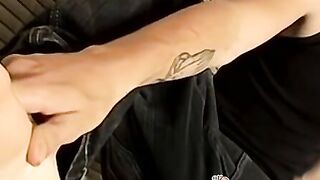 Feet fetish stud Wiley grabs his big dick and tugs it solo
