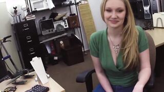 Horny babe sucks pawnshop sellers cock POV before riding it