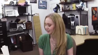 Horny babe sucks pawnshop sellers cock POV before riding it