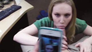 Horny babe sucks pawnshop sellers cock POV before riding it