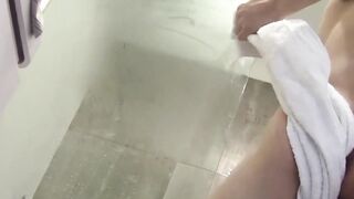 Handsome Asian amateur stroking his cock after the shower