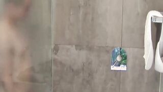 Handsome Asian amateur stroking his cock after the shower