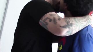 Inked naughty hunk blows dick and ass drilled handsome jock