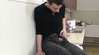 Young homo feet teases and jerks off in the laundry room