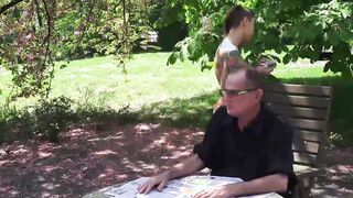 Modern babe fucked by senior in the back yard