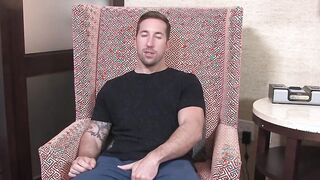 Hot tattooed hunk Brad Powers jerking his fat cock till cum