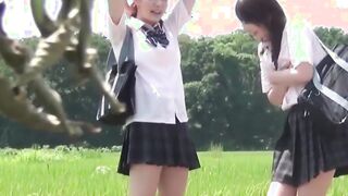 Japanese schoolgirl babes have fun peeing outdoors