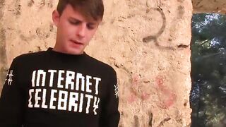 Hot twink gets down and sucks two big dick dudes till jizz