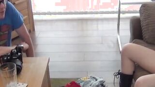 Redhead lady with amazing natural tits sucks nerds cock